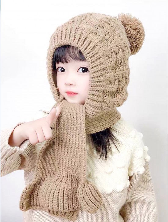 Kids Fashion Knitted Hat with Attached Scarf